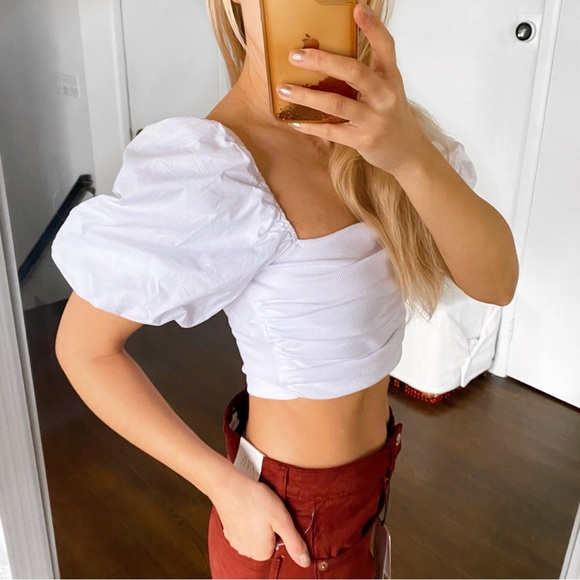 🐚 ZARA BOHO WHITE PUFF SLEEVE RUCHED CROP TOP! - Picture 2 of 12